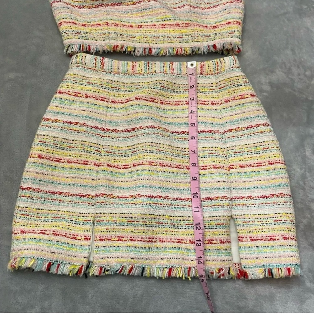 NBD Shawna Tweed Pastel Crop Top & Mini Skirt Set S | Fringe Hem 2-Piece Outfit - Picture 5 of 10
